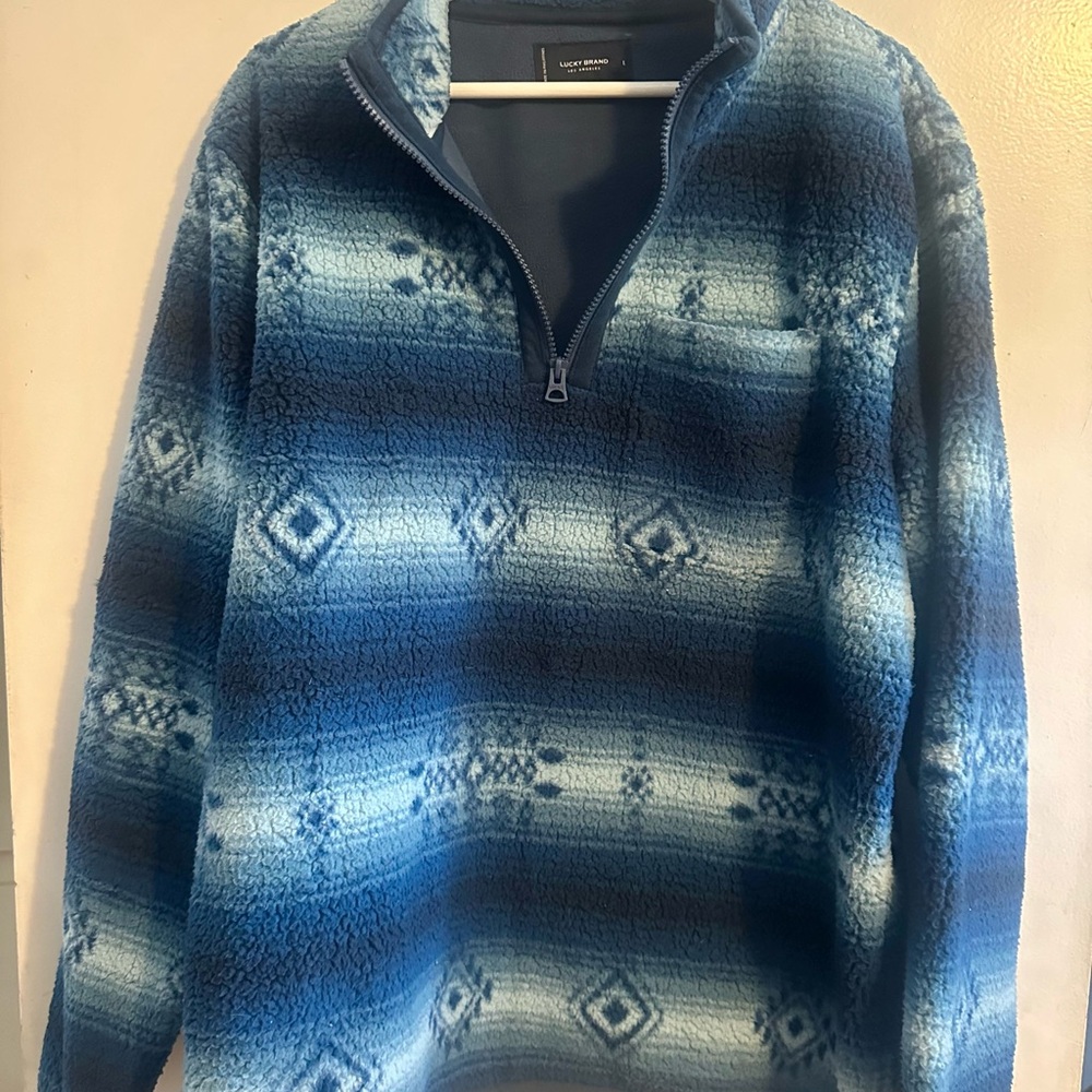 Lucky Brand Blue Zip Up Sweater with Geometric Patterns